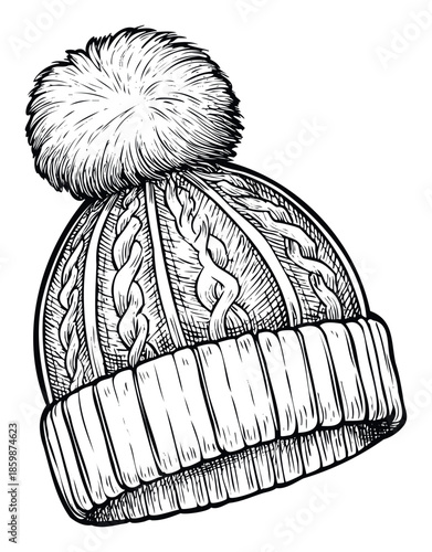 Classic black and white line drawing of a warm winter knit beanie hat adorned with a fluffy pompom, perfect for cold weather apparel advertising campaigns or seasonal fashion product