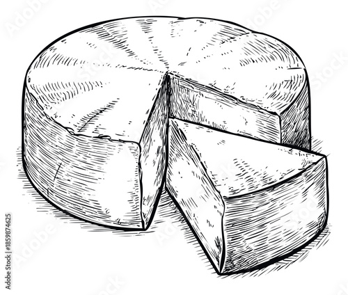 Classic hand drawn style black and white engraving of a delicious round cheese wheel with one wedge removed, perfect for food packaging, restaurant menus, or dairy product advertisements.