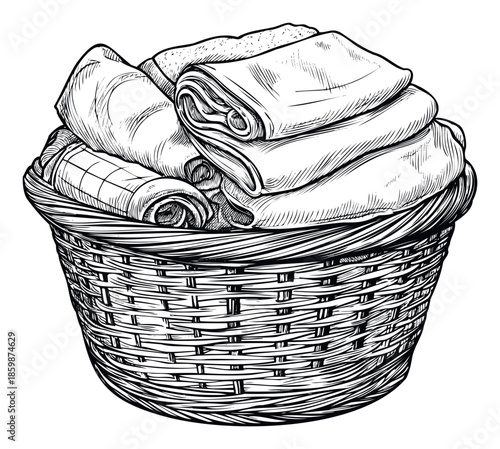 A graphic black and white drawing resembling a woodcut style depicting a laundry basket overflowing with freshly folded linens, ideal for representing household chores and domestic tasks.