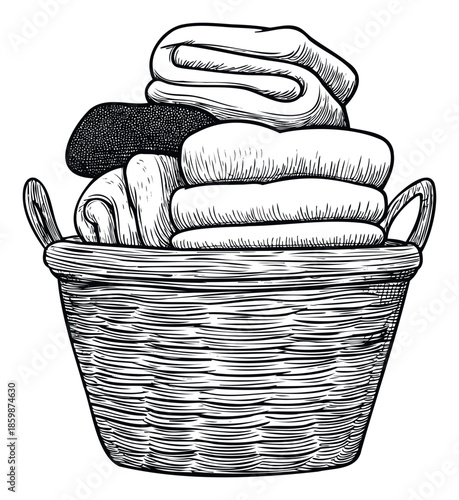 A rustic woven laundry basket overflowing with freshly folded, soft textiles and towels, perfect for depicting household chores, domestic life, or hospitality services.