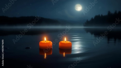 Two Orange Candles Floating on a Dark Lake at Night
