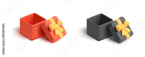 3D black and red open empty box with yellow ribbon and bow on white background. Template for placing goods and products. Vector illustration.