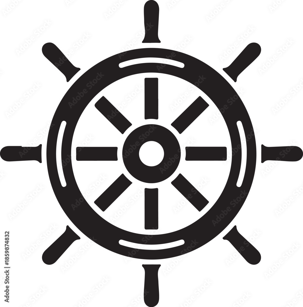 Obraz premium Ship Wheel Icon in Simple Flat Design with Dark Gray Color on White Background for Navigation Symbol