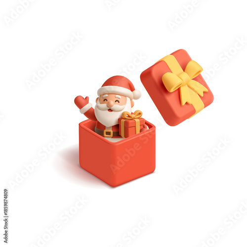 Cheerful Santa Claus character inside an open gift box, 3D. For Christmas concepts, winter holidays, promotional offers. Vector illustration.