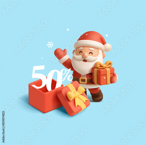 3D Jolly Santa Claus character, red open box with 50 percent off, gift, snow, winter. For winter holiday, discount, sale concepts. Vector illustration.
