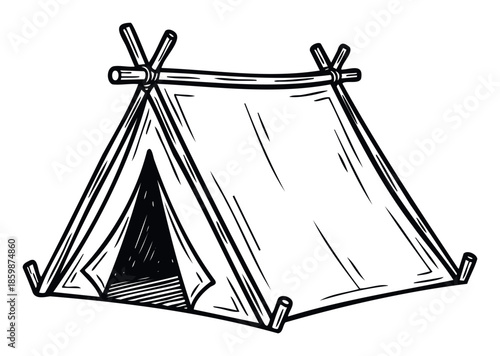 Simple outdoor camping tent with an open entrance for illustrating adventure travel, wilderness exploration, and recreational activities in naturethemed publications and media.