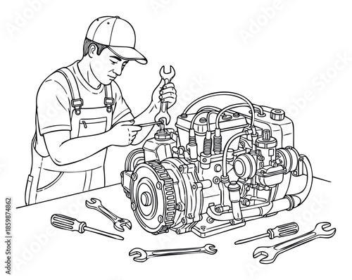Skilled male mechanic wearing overalls and a cap meticulously repairs a car engine using hand tools on a workbench, perfect for automotive repair, maintenance, and engineering training