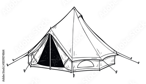 Hand drawn sketch of a classic bell tent providing a cozy outdoor shelter for camping and glamping adventures, perfect for travel advertisements and outdoor lifestyle blogs
