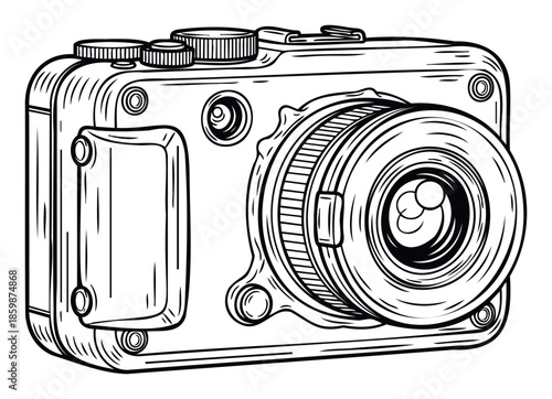 Black and white outline drawing of a vintage photographic camera with a prominent lens, perfect for illustrating historical photography concepts or as a graphic element for apparel and