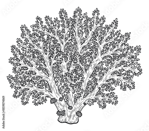 Detailed black and white organic plant growth with branching forms and textured base, perfect for natureinspired graphic themes and botanical prints