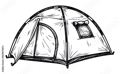 Hand drawn camping tent sketch ideal for outdoor adventure themed graphics travel brochures and wilderness exploration blog posts promoting camping gear.