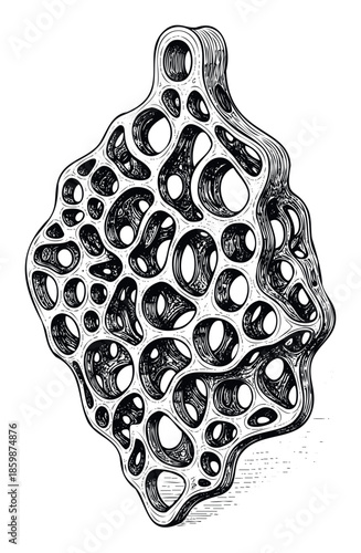 Monochrome graphic depicting a complex organic porous morphology with a textured surface, serving as an intriguing visual for abstract themes or contemporary design applications.