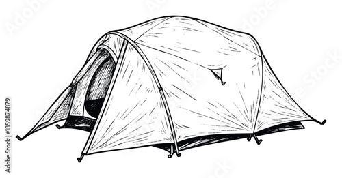 Handdrawn style sketch of a durable outdoor camping tent, ideal for showcasing essential gear for wilderness adventures, hiking trips, and nature exploration projects.