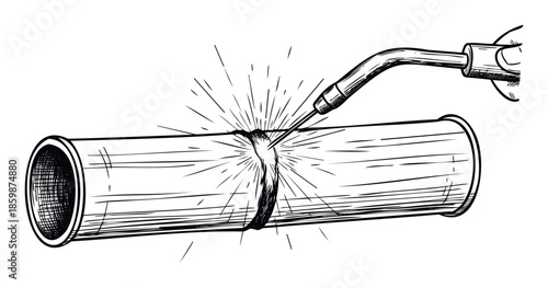 A skilled welders hand operates a torch to fuse metal pipes together, creating a strong connection with flying sparks, ideal for industrial project visuals, engineering documentation, or