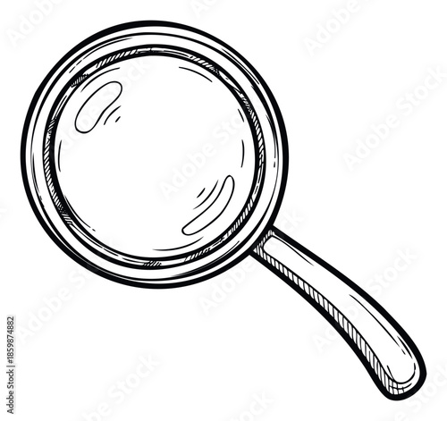 Classic hand drawn magnifying glass useful for scientific research and detailed investigation projects or educational exploration and discovery tools