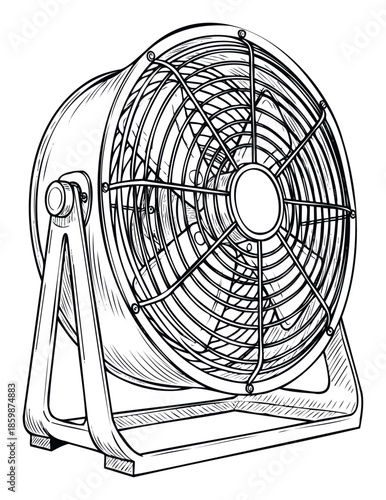 A high velocity floor fan, depicted in a clear line art illustration, ideal for strong air movement in workshops, garages, or large indoor spaces requiring powerful air circulation and