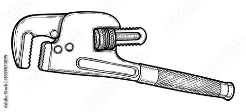 Heavy duty pipe wrench engraving style drawing perfect for plumbing and construction related projects industrial equipment catalogs or home improvement advertisements