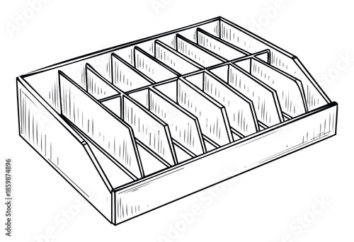 Versatile black and white hand drawn sketch of an empty desk organizer with multiple compartments, ideal for office supplies storage solutions or stationery organization concepts.
