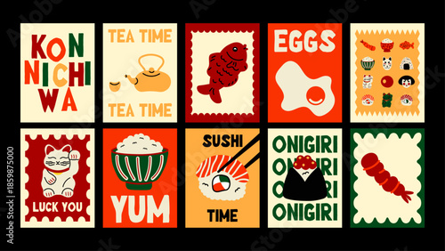Contemporary Japanese Asian posters with minimal design. Cartoon sushi, rice bowls, koi fish, sakura blossoms and popular Japanese phrases.