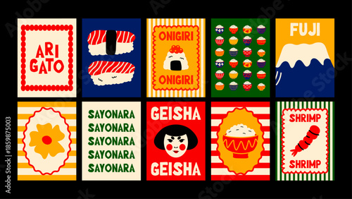 Minimalist Japanese posters with cute cartoon motifs. Sushi, rice bowls, koi fish, sakura blossoms and well-known Japanese phrases for trendy interiors.
