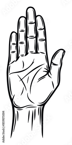 Stylized monochrome depiction of an upright hand displaying its intricate lines, suitable for mystical themes, holistic healing, or greeting graphics.