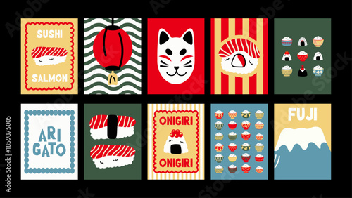 Stylish Japanese culture wall posters in minimalist cartoon design. Traditional Asian symbols, geisha, sushi, koi fish and sakura flowers.