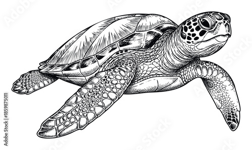 Black and white hand drawn sea turtle gracefully swimming through water, excellent for marine life publications, ecological studies, aquatic wildlife documentaries, or conservation advocacy