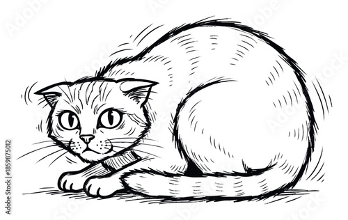Black and white sketch of a nervous cat with wide eyes and folded ears, perfect for petrelated content, childrens books, or merchandise designs requiring an expressive animal character