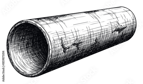 Detailed black and white sketch of a worn metal pipe showcasing its rustic texture and distressed surface, ideal for vintage industrial themed presentations or engineering documentation