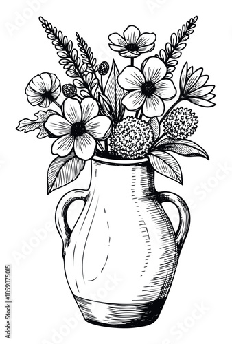 Classic hand drawn botanical illustration featuring a diverse bouquet of blooming wildflowers and green foliage arranged in a decorative vase with handles perfect for nature inspired prints