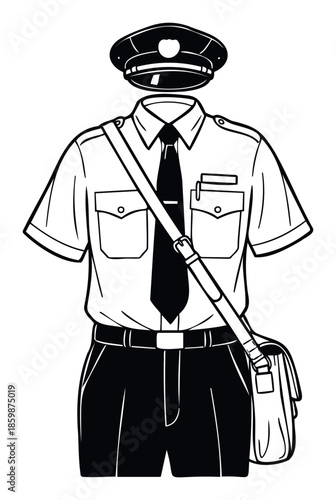 Classic mailman uniform featuring a cap, shortsleeved shirt, necktie, trousers, and shoulder bag, perfect for conveying themes of professional delivery services and postal work.