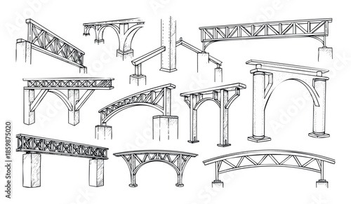 Collection of various bridge and arch structural designs with different truss and support types, suitable for architectural diagrams, engineering blueprints, or educational content.