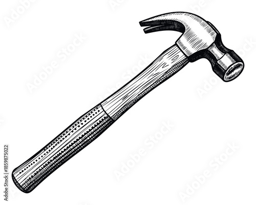 A detailed black and white etching style drawing of a traditional claw hammer, useful for construction business marketing, handyman service advertising, or DIY workshop and home improvement