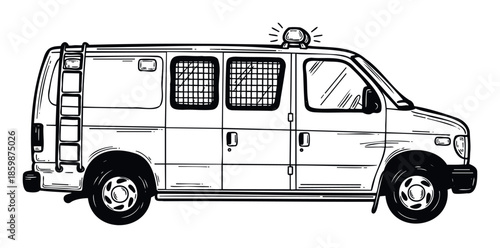 Black and white line drawing of a police security van equipped with a roof siren and barred windows, useful for illustrating law enforcement and crime themes in graphic design projects.