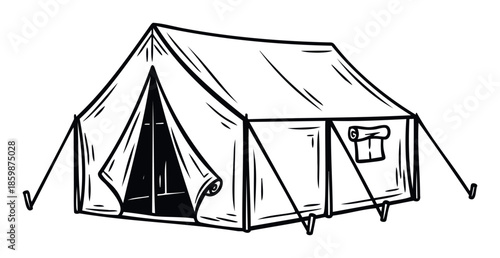 Durable canvas tent providing essential outdoor shelter for camping enthusiasts, hikers, and survivalists, perfect for adventure travel icons and wilderness expedition graphics