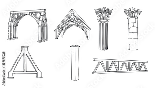 Collection of diverse architectural elements and structural components featuring gothic arches and classical columns ideal for construction blueprints engineering diagrams and historical