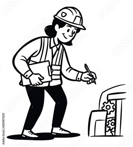 A female engineer or worker in a hard hat and safety vest is meticulously inspecting industrial machinery with gears, holding a clipboard and pen to record observations for safety audits or