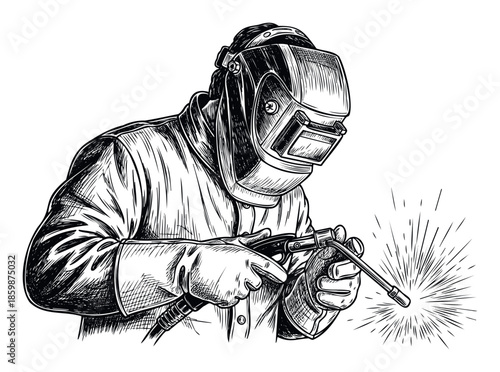 A skilled welder in a protective mask and gloves performs welding tasks, producing bright sparks, ideal for illustrating industrial work, manufacturing, and construction sector visuals.
