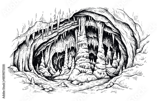 Underground cave scene with geological formations like stalactites and stalagmites for nature exploration, educational materials, or adventurous publications