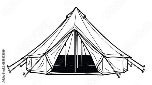 Black and white line drawing depicting a traditional bell tent, suitable for outdoor living campaigns, travel brochures, wilderness exploration guides, or nature retreat promotions
