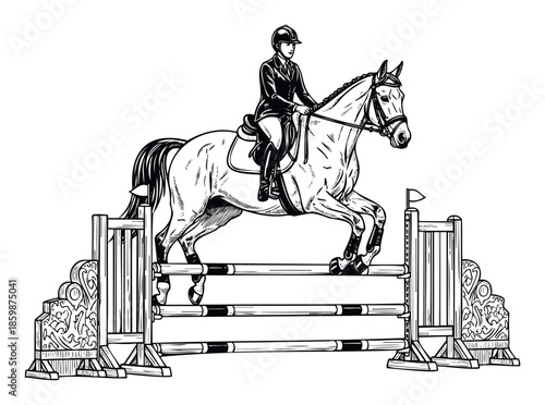 A skilled equestrian rider and her horse gracefully leap over a tall show jumping obstacle during a competitive event, perfect for sports publications and horse riding themed promotions.
