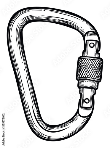 Climbing carabiner safety hook sketch drawing for outdoor adventure sports equipment and mountaineering gear graphic resource for active lifestyle content