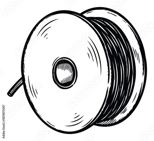 A classic monochrome drawing of a spool of thread or wire with a textured sketch style, perfect for craft store promotions, sewing project visuals, or DIY hobby shop branding.