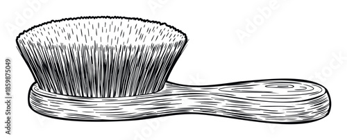 Classic hand drawn sketch of a soft bristle brush with a wooden handle, ideal for grooming, cleaning, or personal care products marketing materials
