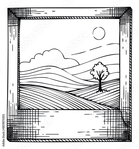 Simple nature scenery drawing featuring a lone tree on a hill surrounded by cultivated fields under a sunny sky within a decorative picture border for various visual projects