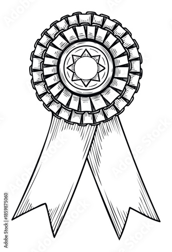 Black and white engraving style drawing of a rosette award with ribbons, perfect for symbolizing achievement, recognition, and success in various commemorative and celebratory applications.
