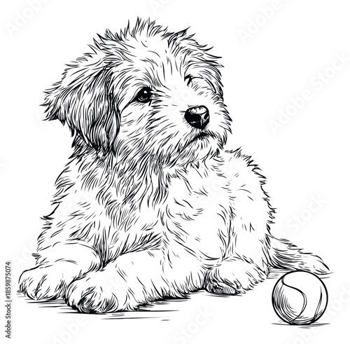 Adorable fluffy puppy with shaggy fur lying down next to a tennis ball, ideal for pet store promotions, veterinary clinic marketing, childrens book illustrations, and heartwarming greeting
