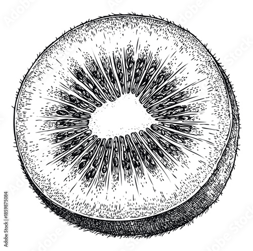 Detailed black and white drawing of a fresh kiwi fruit slice showcasing its intricate internal structure and fuzzy skin, ideal for healthy food concepts, botanical studies, or natural