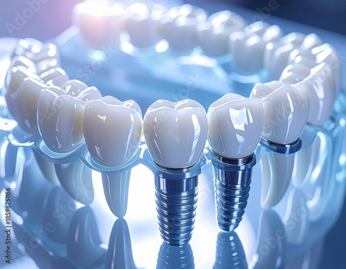 Blue Toned Medical Illustration of Dental Implant and Clear Tooth