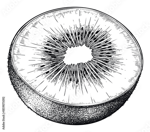 Sliced kiwi fruit cross section drawing for fresh produce advertising, healthy eating guides, fruit juice packaging, or exotic snack promotions